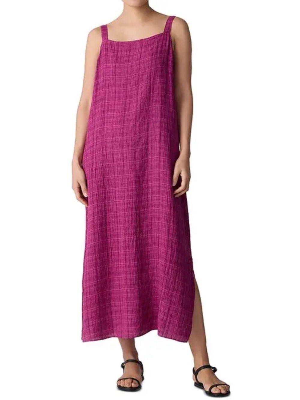 EILEEN FISHER  Puckered Organic-Linen Plaid Square Neck Dress In Magenta Size M